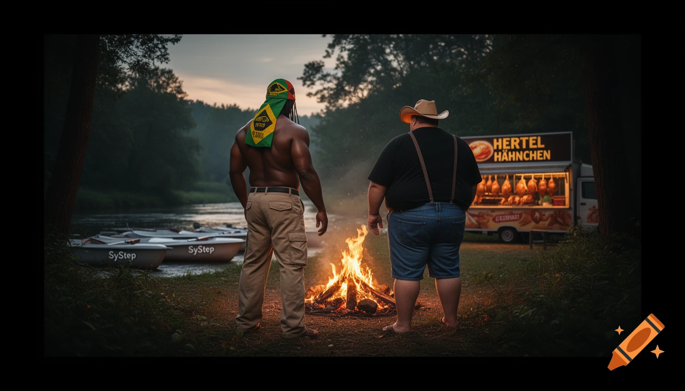 Photorealistic image of two men, one muscular and shirtless, one obese, standing with backs to a campfire by a river at dusk, with a food truck and boats.