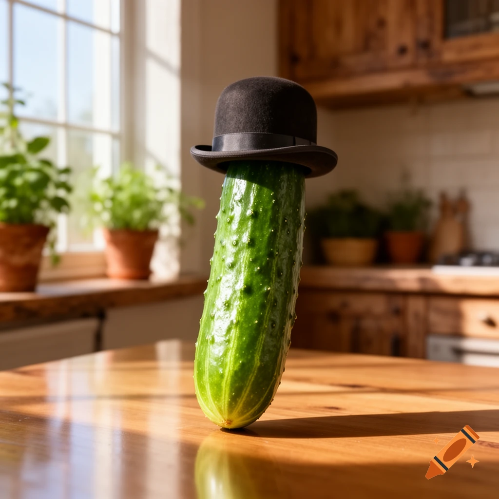 A photorealistic image of a green cucumber wearing a black bowler hat standing upright on a wooden kitchen table, with potted plants and a window in the background.
