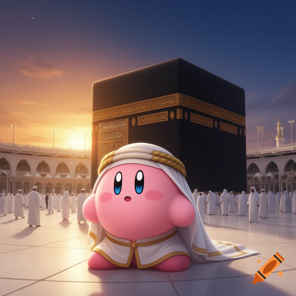 A pink Kirby in white and gold Arab attire stands in front of the Kaaba at sunset, with people in white robes in the background.