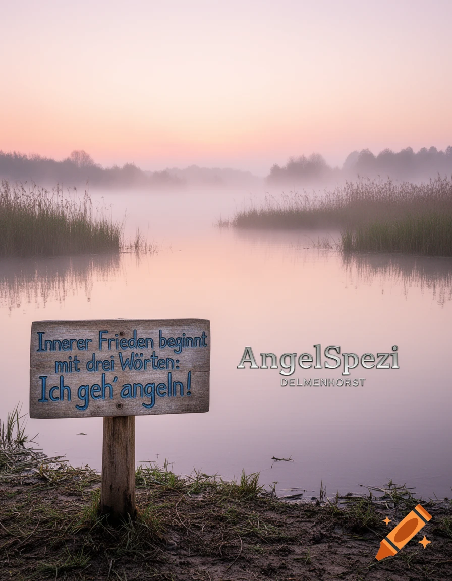 Serene misty lake at sunrise with a wooden sign on the bank and text "AngelSpezi Delmenhorst" above the water.