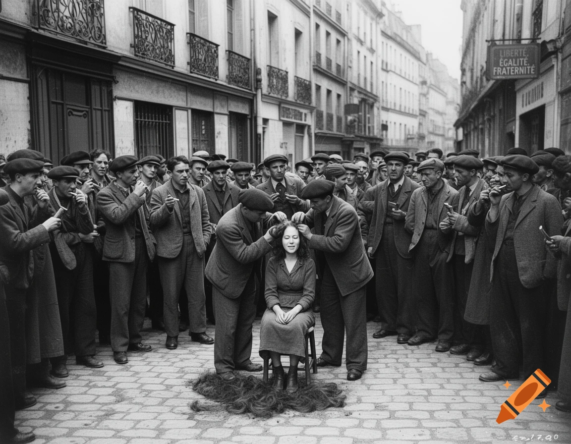Black and white photo of a woman having her head shaved by two men in a street, surrounded by a crowd of onlookers in post-WWII Paris.