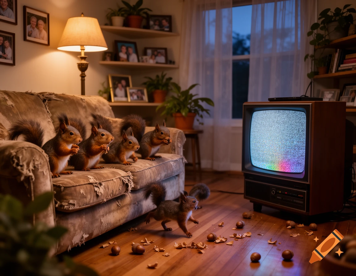Realistic squirrels watching a vintage TV in a cozy, dimly lit living room, with nuts scattered on the floor.