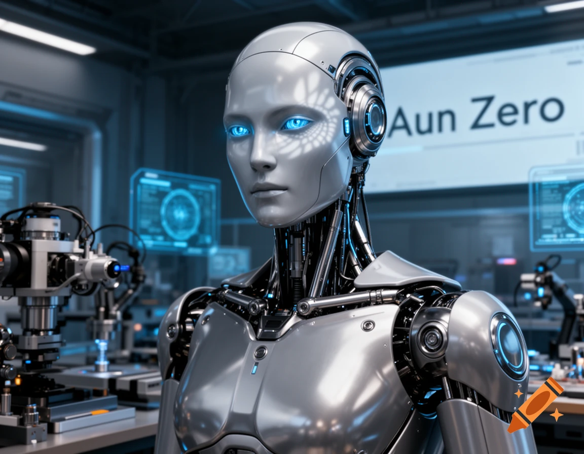 A photorealistic depiction of a silver humanoid robot with glowing blue eyes in a high-tech science lab.