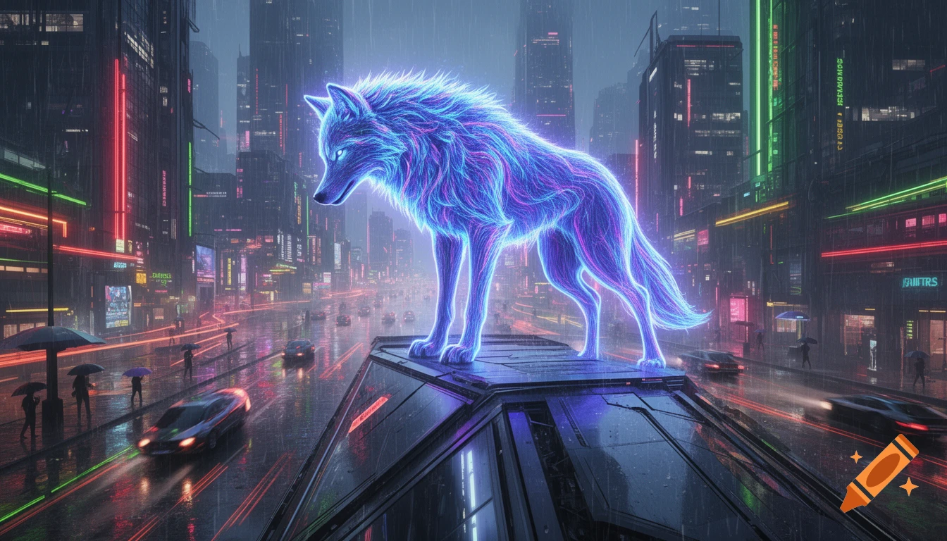 A majestic glowing neon blue and purple wolf stands on a futuristic skyscraper, looking over a rainy cyberpunk city with bright reflections.