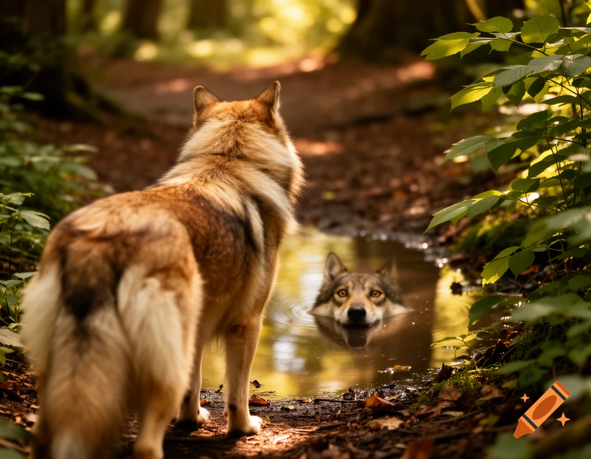 A wolf with a brown and white coat stands facing away on a sunlit forest path, looking at its reflection in a muddy puddle.