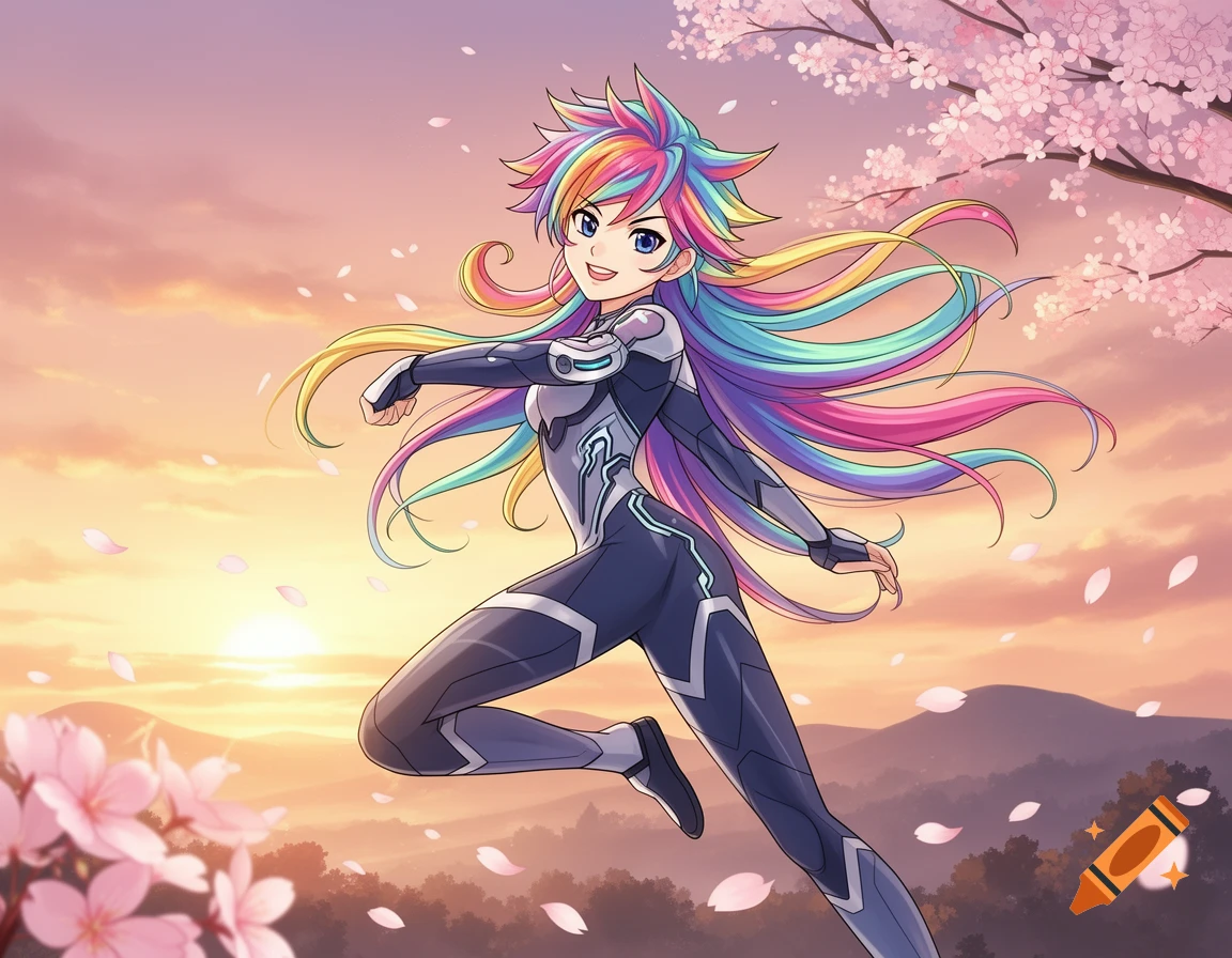 An anime character with rainbow hair in a futuristic suit leaps through a cherry blossom sunset scene.