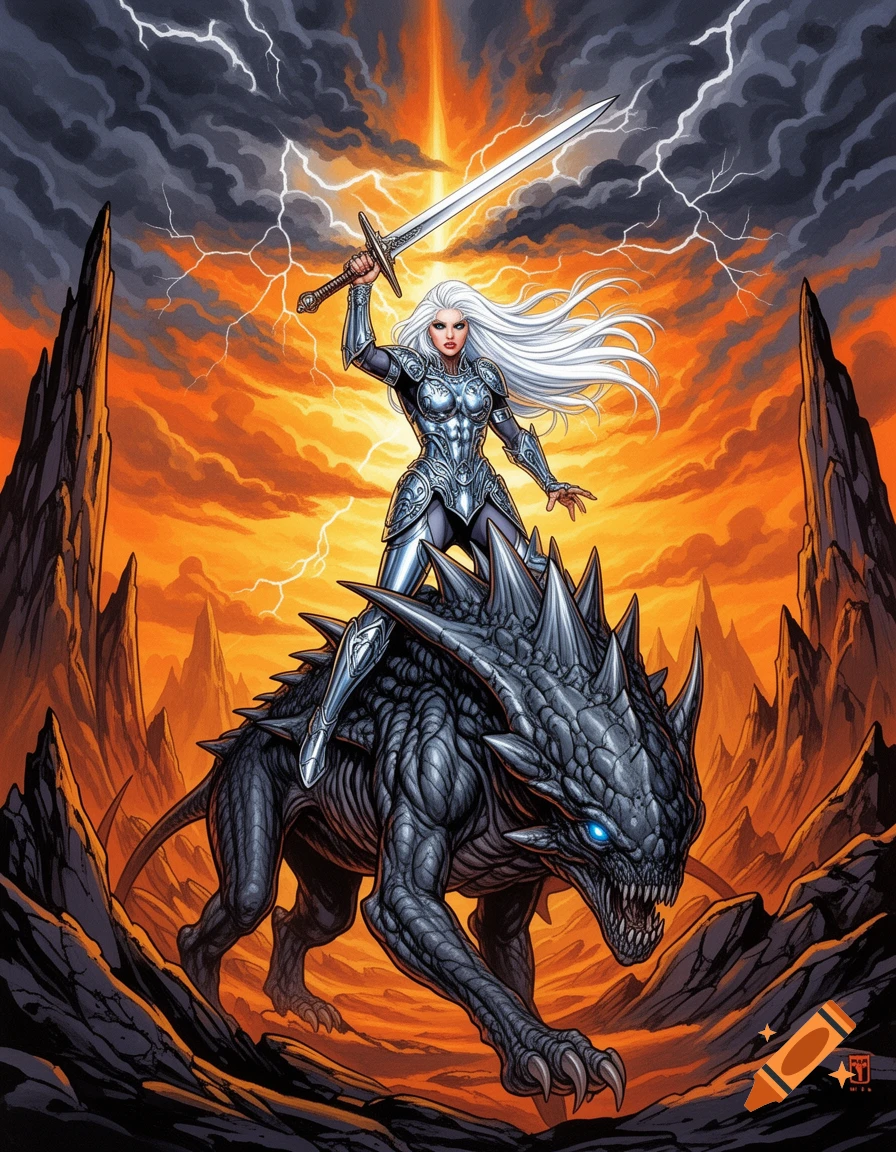 White-haired female warrior in silver armor rides a dark, spiky monster under a lightning-filled, fiery sky, wielding a sword in comic art style.