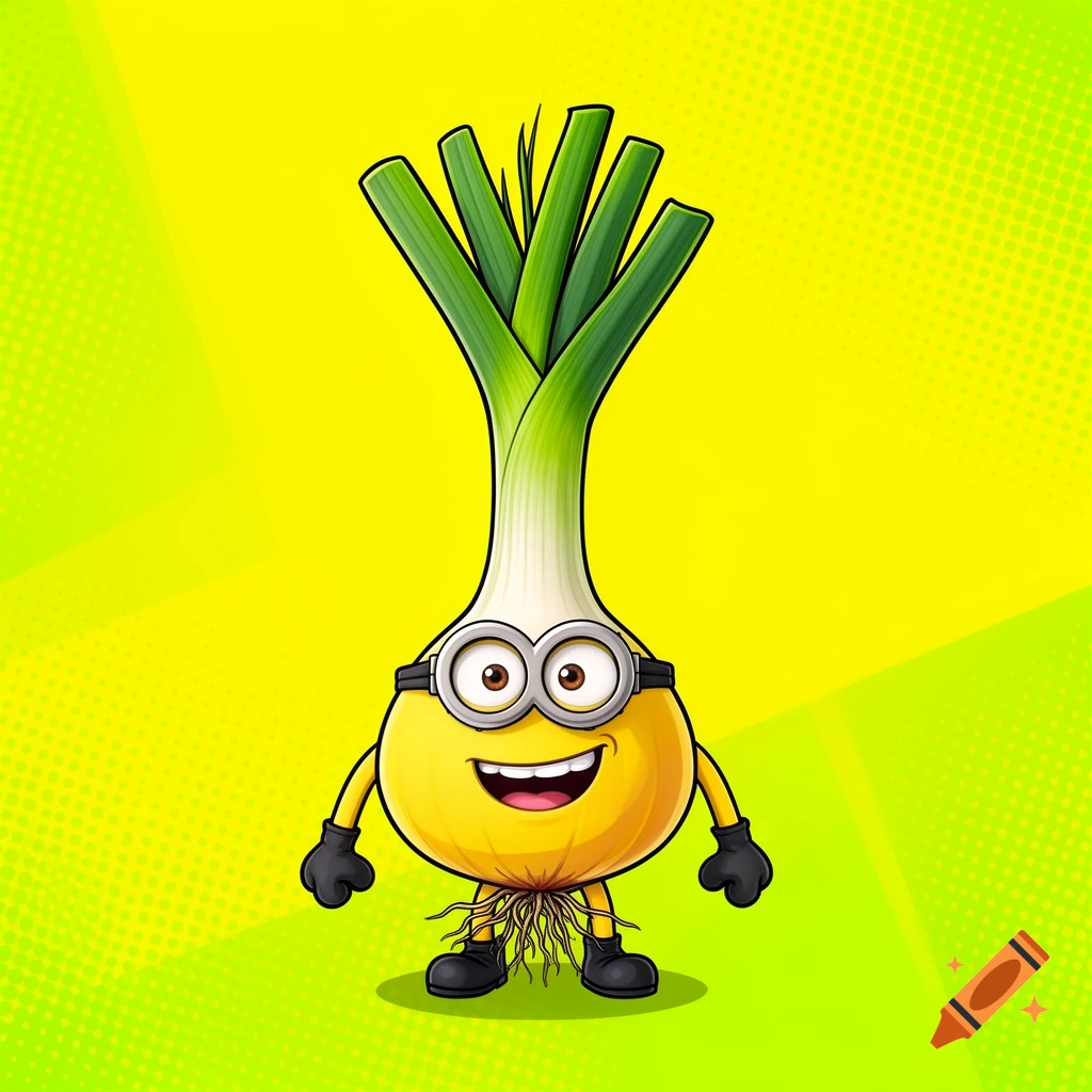 A cartoon spring onion character with a yellow body, Minion-like goggles and smile, black gloves, and shoes, against a bright green and yellow background.