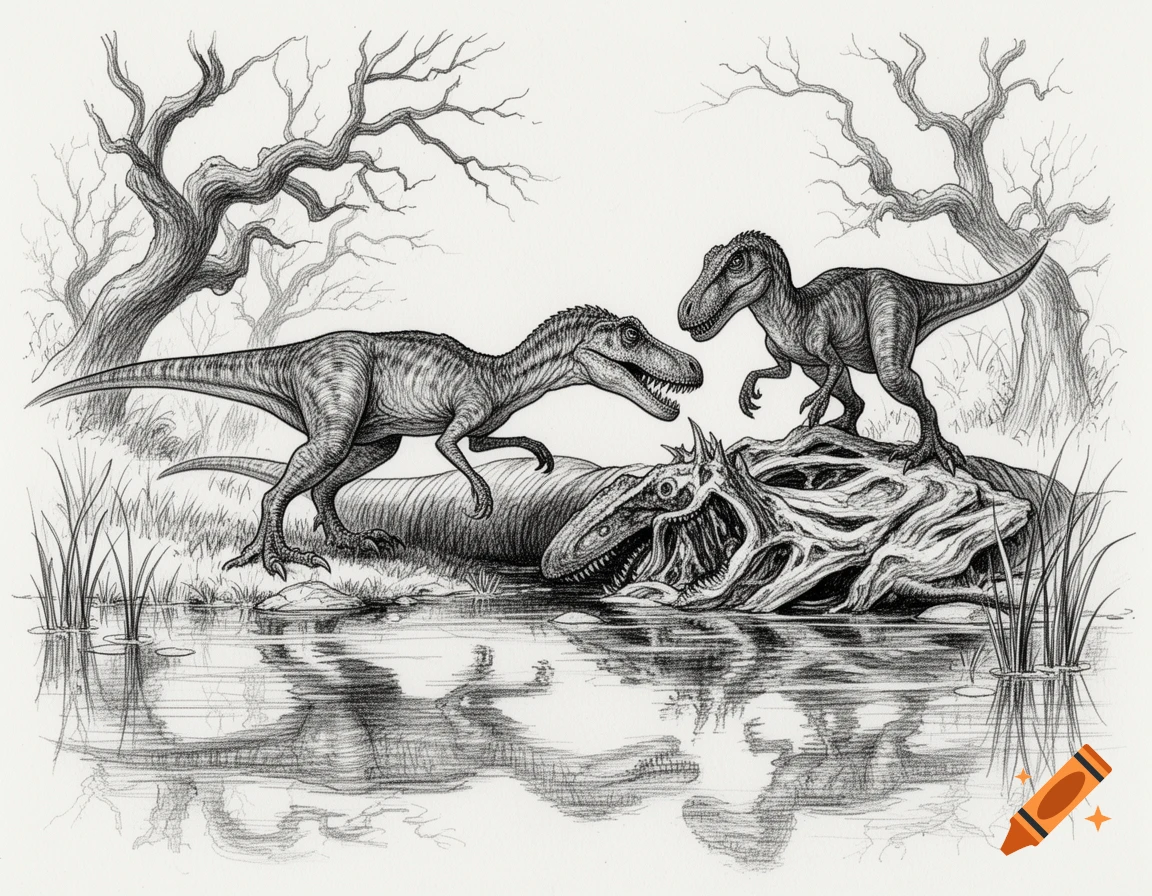 Two juvenile Allosaurus dinosaurs scavenge a sauropod carcass at a pond, a black and white illustration.