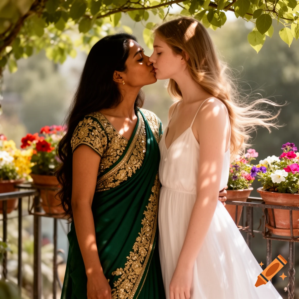 An Indian woman in a green saree kisses a white woman in a white dress on a sunny balcony with flowers.