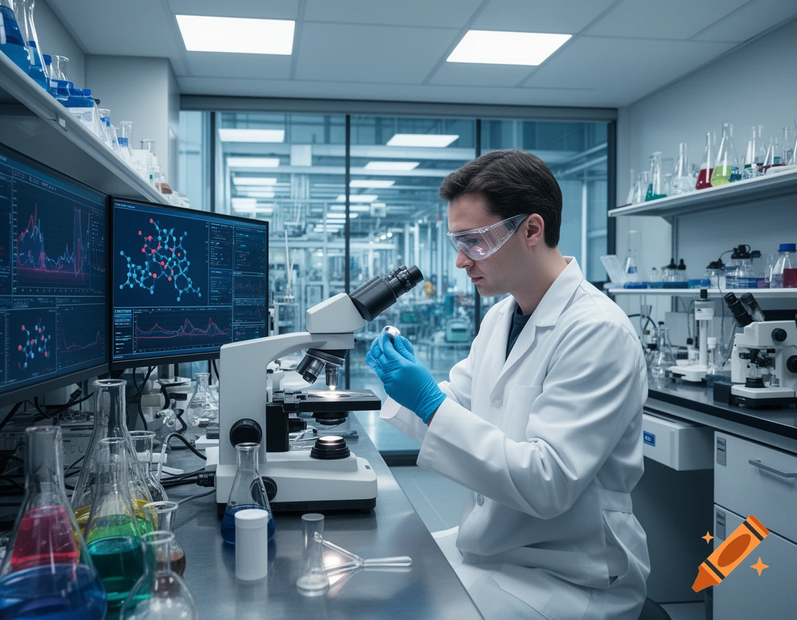 A male scientist in a lab coat and safety goggles looks into a microscope in a laboratory with computer screens displaying chemical structures and data.