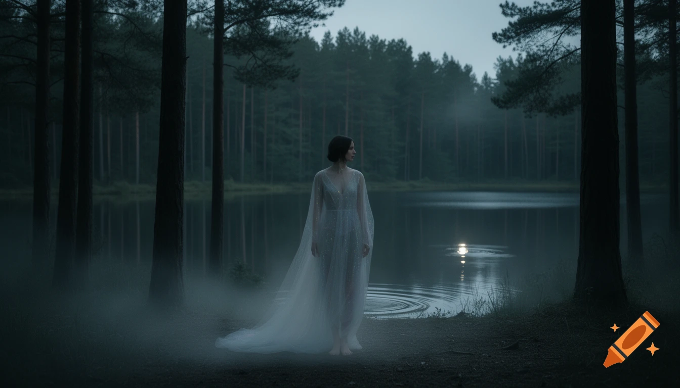A woman in a sheer white gown stands in a misty, dark forest beside a serene lake at dusk, with trees reflecting in the water.