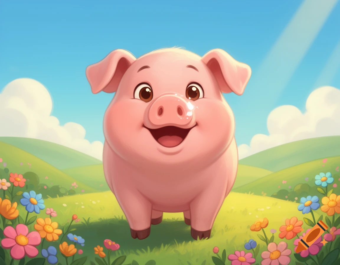 A happy cartoon pink pig stands in a vibrant green field with colorful flowers under a bright blue sky.