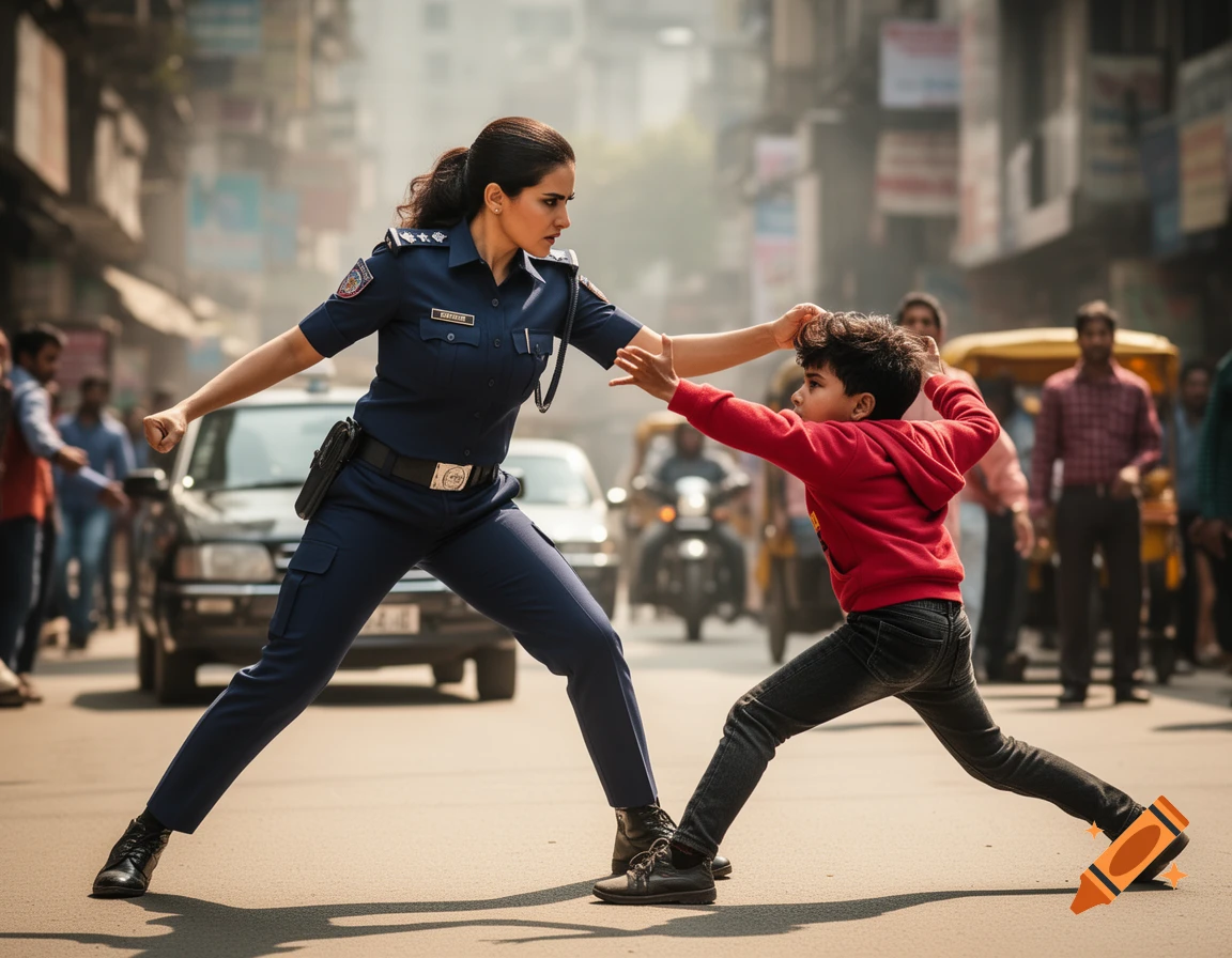 A female police officer in a blue uniform and a young boy in a red hoodie are in a dynamic action pose in the middle of a busy street.