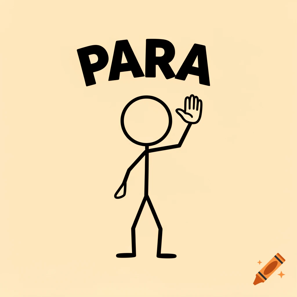 A cartoon stickman with a round head and thin body raises a hand in a stop gesture, with the bold word 'PARA' above him on a light beige background.