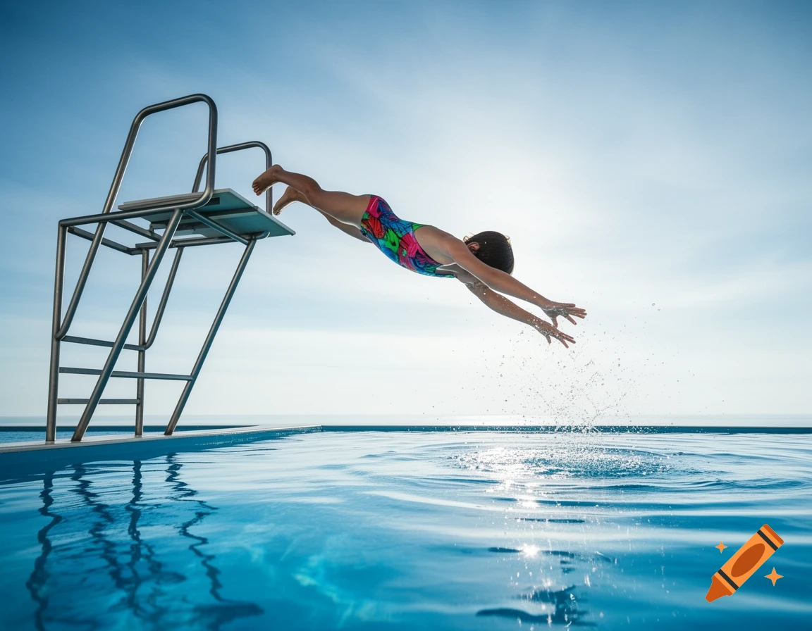 A child in a colorful swimsuit dives off a diving board into a blue pool, creating splashes against a clear sky.