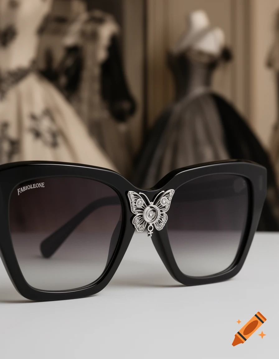 Close-up of black cat-eye sunglasses with gradient lenses, featuring a silver jeweled butterfly on the right lens, against a blurred background of dress mannequins.