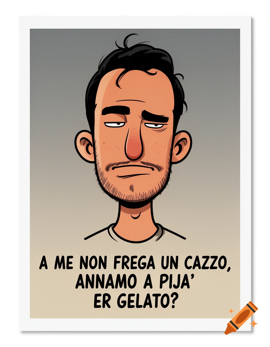 Cartoon portrait of Secco from Zerocalcare, a man with a beard and tired expression, with Italian text below.