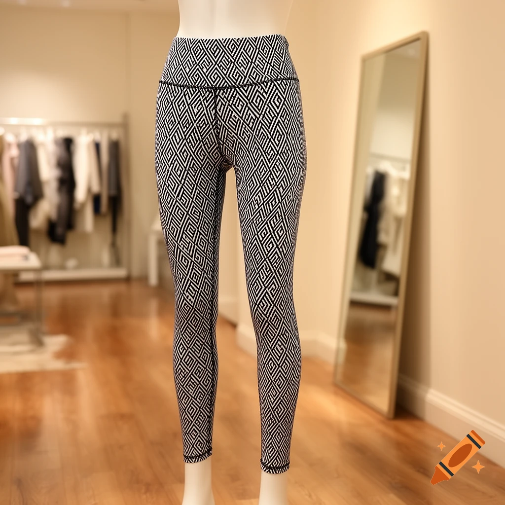 Black and white geometric pattern leggings on a mannequin in a clothing store.