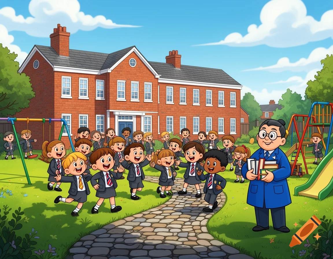 Cartoon of children playing in a schoolyard with a teacher holding books, a brick school building, and playground equipment.