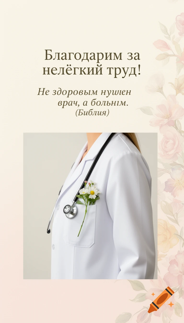 A doctor's white lab coat with a stethoscope and white flowers in the pocket, set against a floral background with Russian text.