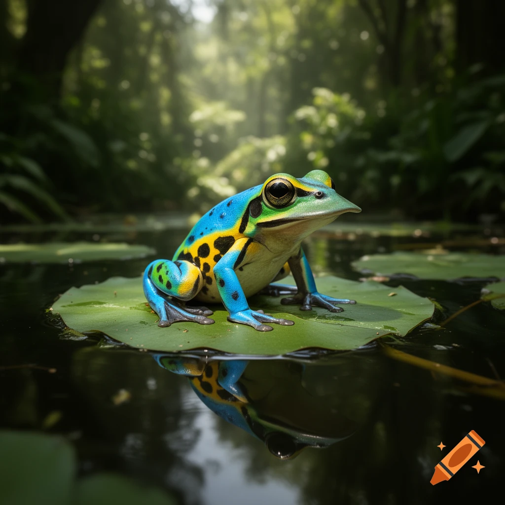 A vibrant blue, green, and yellow frog-like creature sits on a lily pad in a lush, sun-dappled pond, reflected in the water.