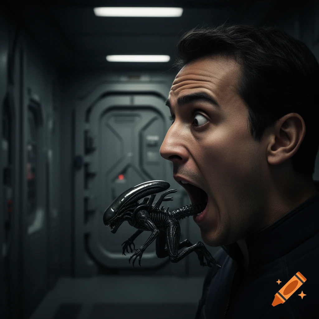Photorealistic image of a man screaming in a spaceship hallway as a small black xenomorph emerges from his mouth.