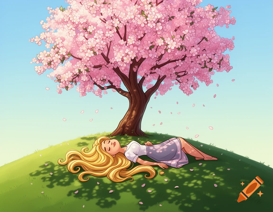 Cartoon woman with blonde hair sleeping peacefully under a pink cherry blossom tree on a green hill.