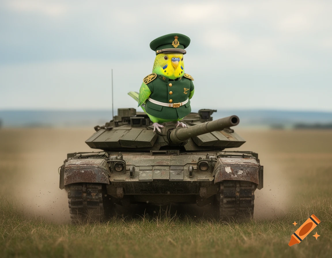 A photorealistic budgerigar in a military uniform and cap stands atop a moving tank in a grassy field.