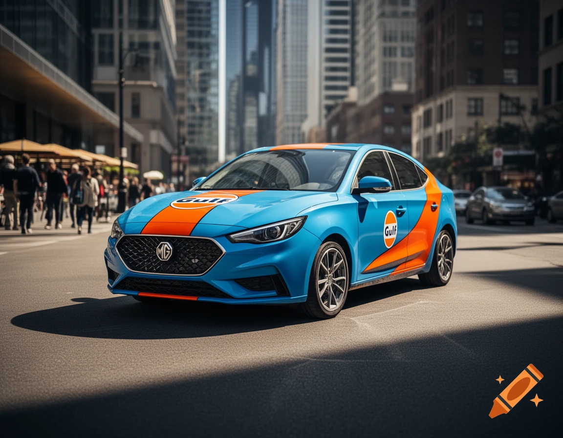 Blue and orange Gulf livery sedan (MG) on a city street with pedestrians and skyscrapers, photorealistic.