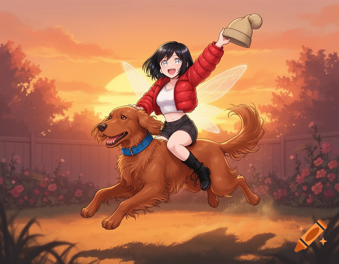 An anime fairy rides a jumping golden retriever in a backyard at sunset, waving a beanie.