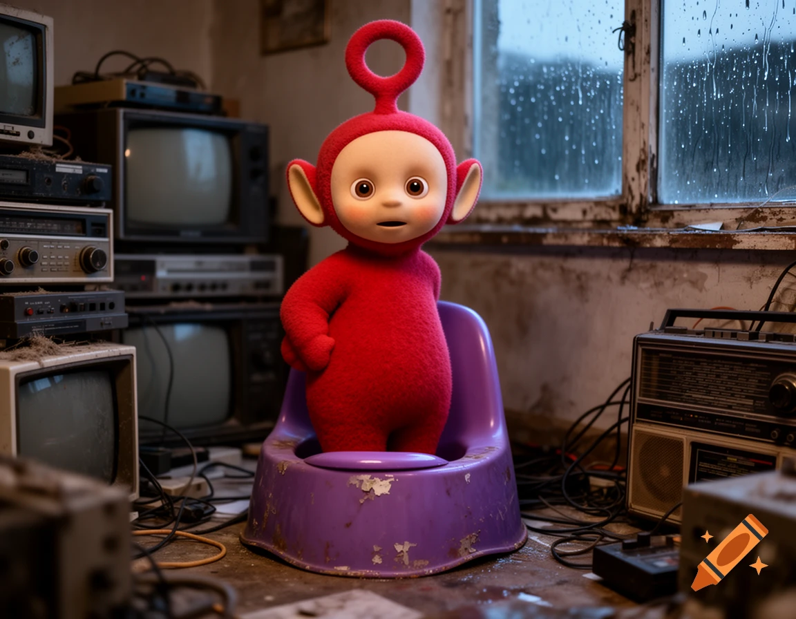 Hyperrealistic image of the red Teletubby Po standing in a purple potty in a messy room with vintage electronics, rain visible outside a window.