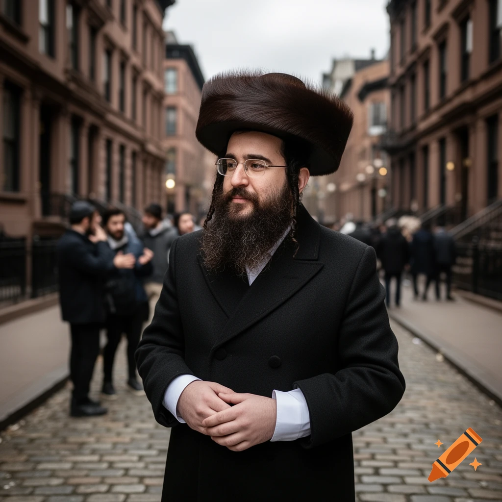 A man with a beard and a large fur hat stands on a cobblestone street, wearing a black coat and glasses, with his hands clasped. Other blurred figures and brown buildings are in the background.