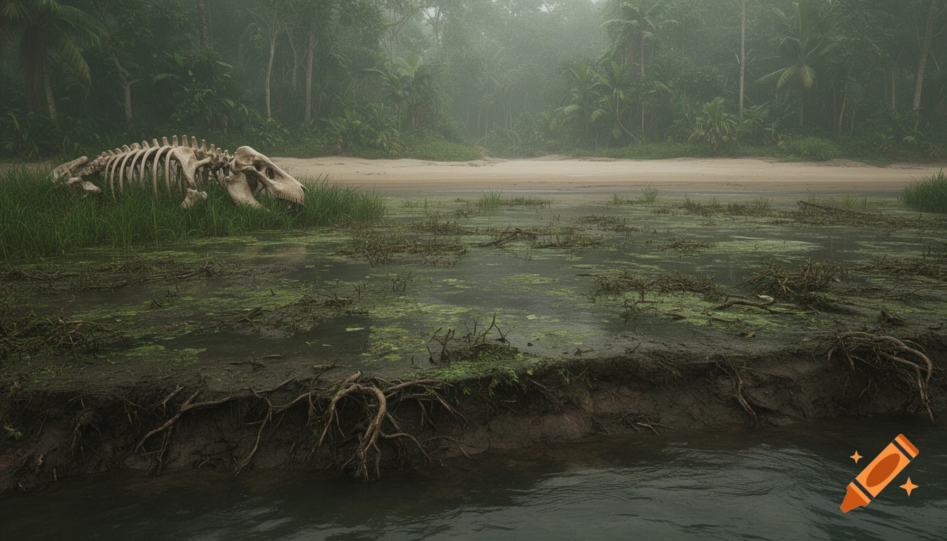 A giant animal skeleton rests on a grassy beach next to a murky swamp, backed by a dense, misty jungle.