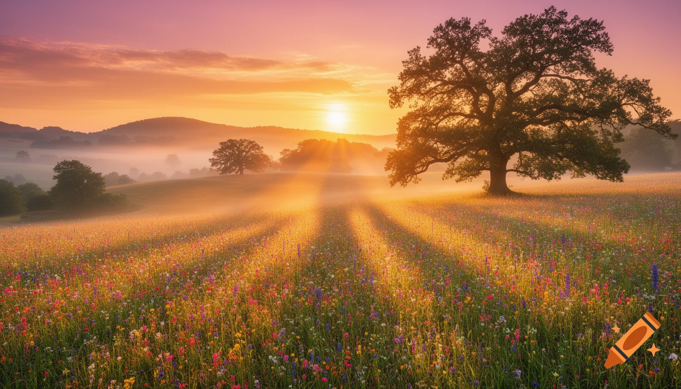 A vibrant golden sunrise over a wildflower meadow with a large oak tree and misty hills in the background.