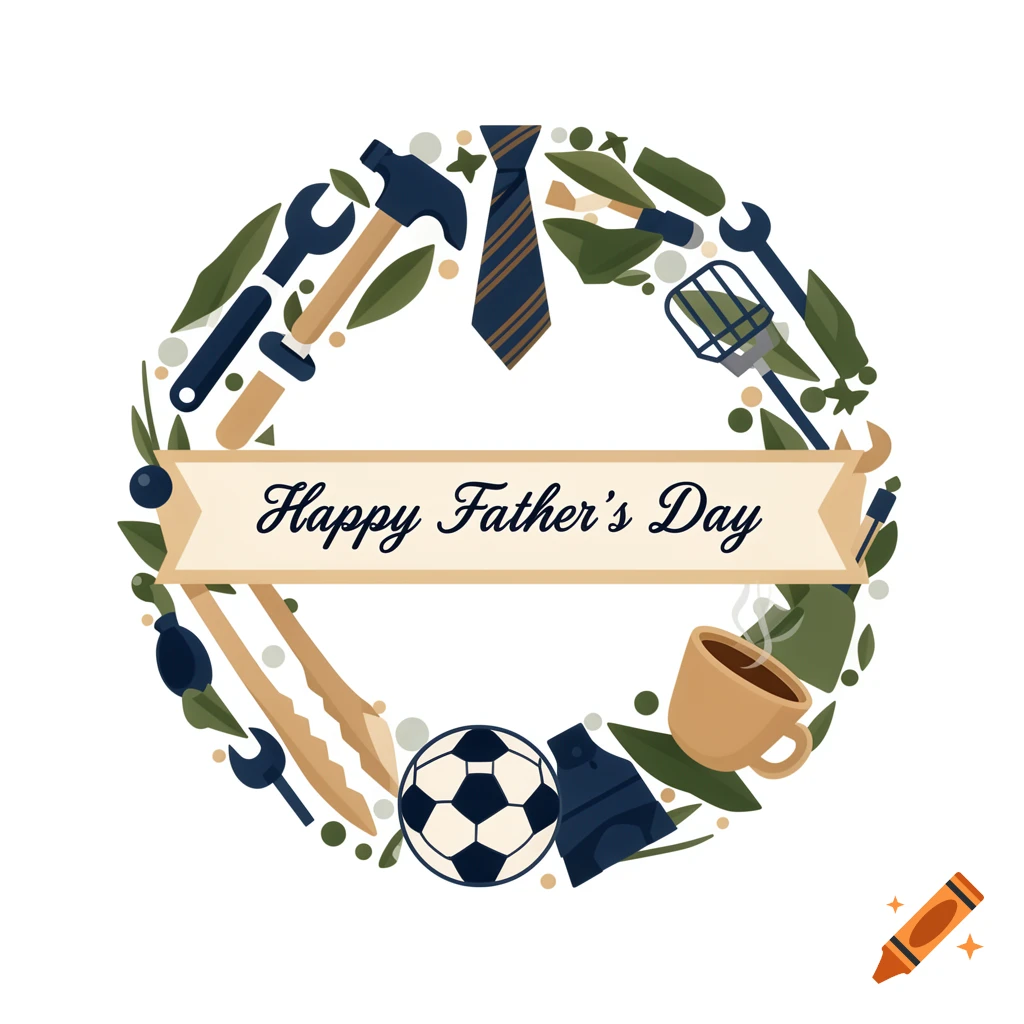 Vector illustration of a circular Father's Day wreath made of tools, a tie, a soccer ball, and a coffee mug, with 'Happy Father's Day' on a banner.