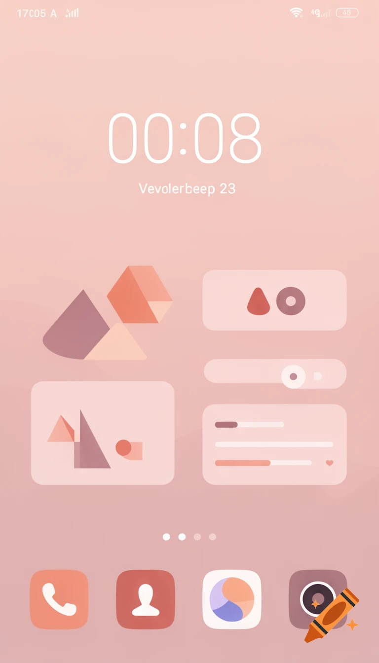 A pink mobile phone home screen with a digital clock displaying 00:08, abstract widgets, and app icons at the bottom.