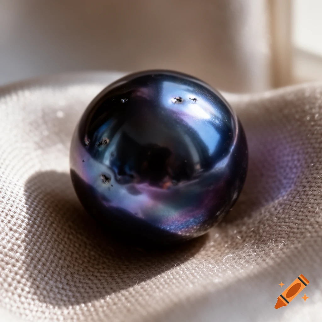 A close-up shot of a dark, iridescent black pearl resting on a light-colored, textured fabric.
