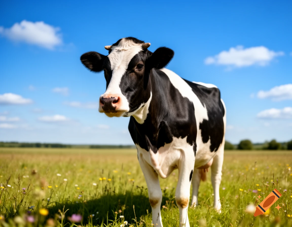 A black and white cow stands in a vibrant green field under a clear blue sky with fluffy white clouds.