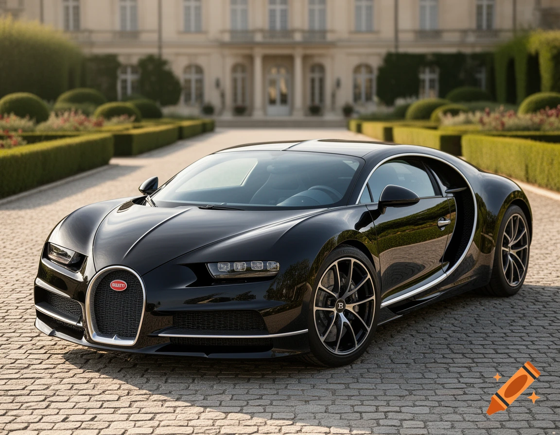 A black Bugatti Chiron super sports car parked on a cobblestone driveway in front of a grand mansion.
