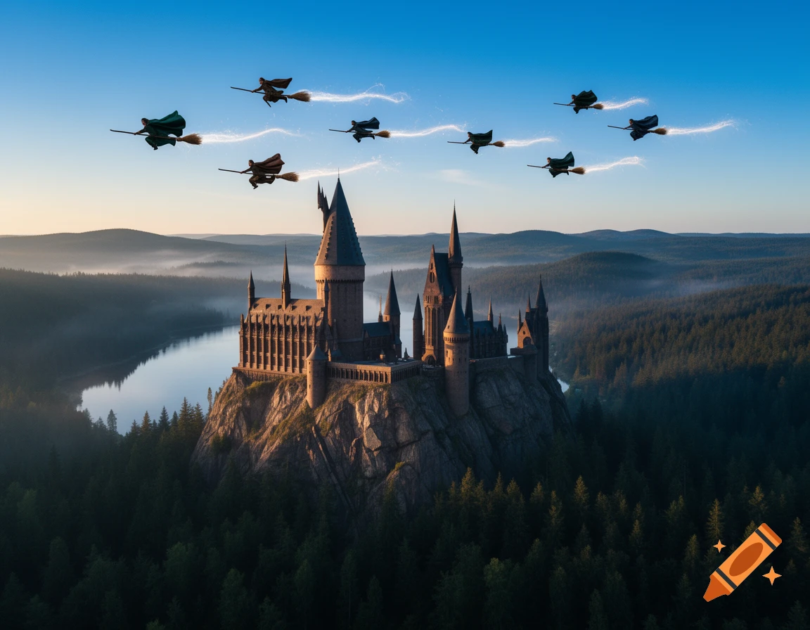 Majestic fantasy castle on a cliff overlooking a lake, with wizards flying on brooms in a clear blue sky over misty mountains.