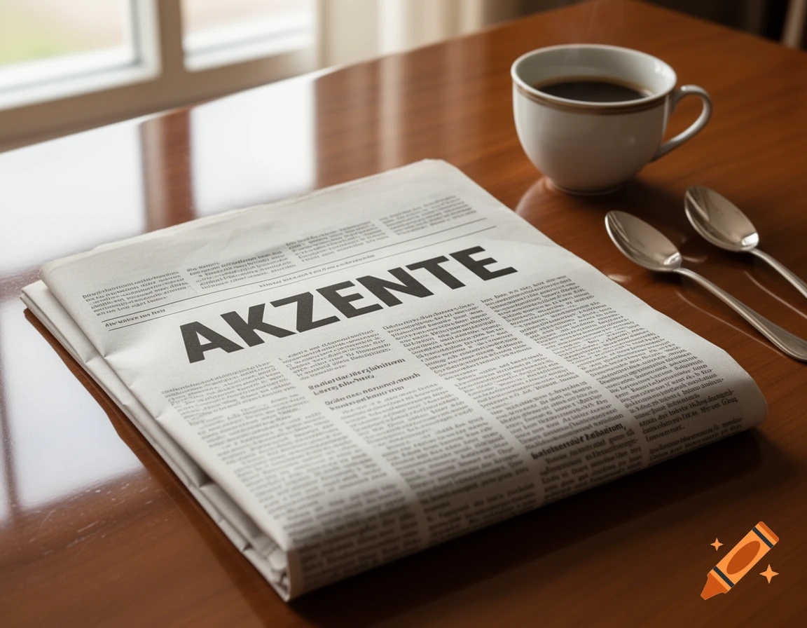 A folded newspaper with the headline "AKZENTE" rests on a wooden table next to a steaming cup of coffee and two silver spoons, bathed in natural light from a window.
