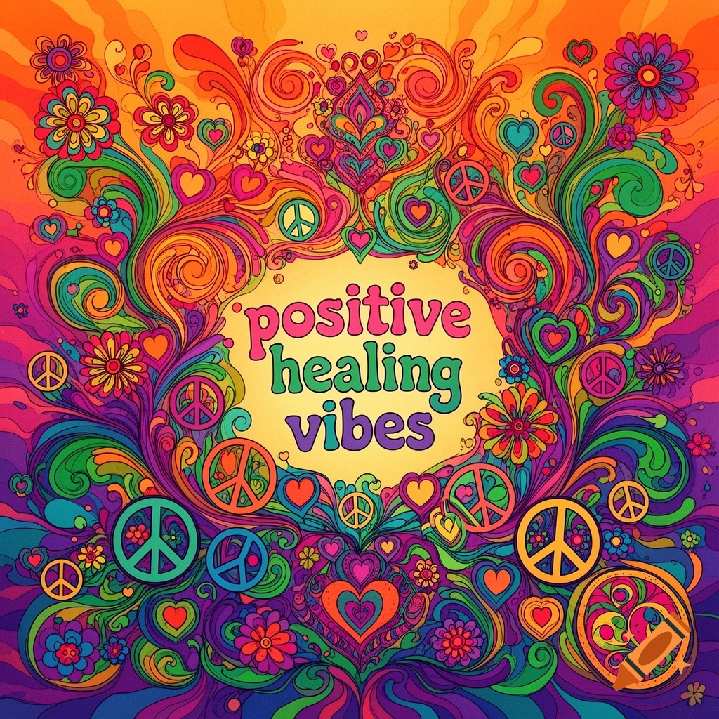 Vibrant psychedelic hippie art poster with flowers, hearts, peace signs, and 'positive healing vibes' text.