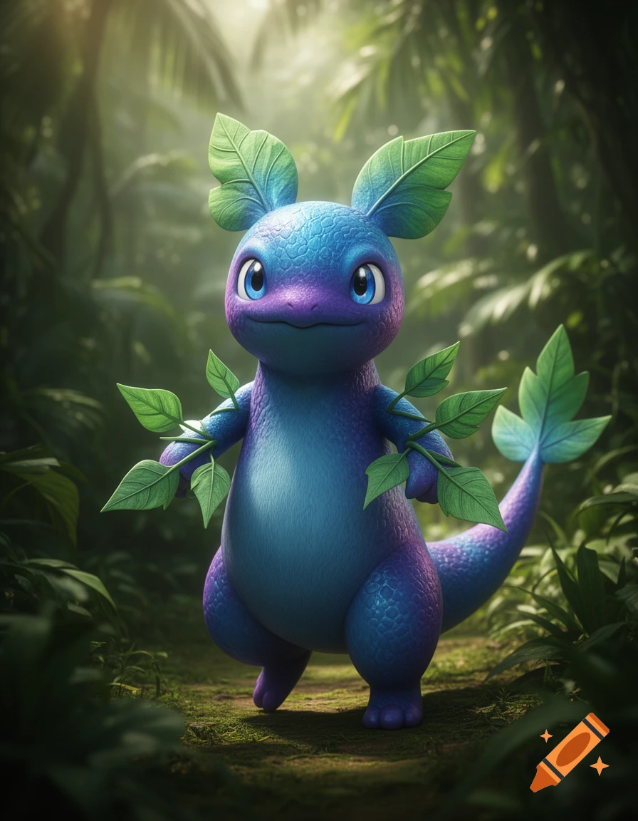 A cute blue and purple leaf-eared creature resembling a Pokémon stands in a lush, green jungle environment.