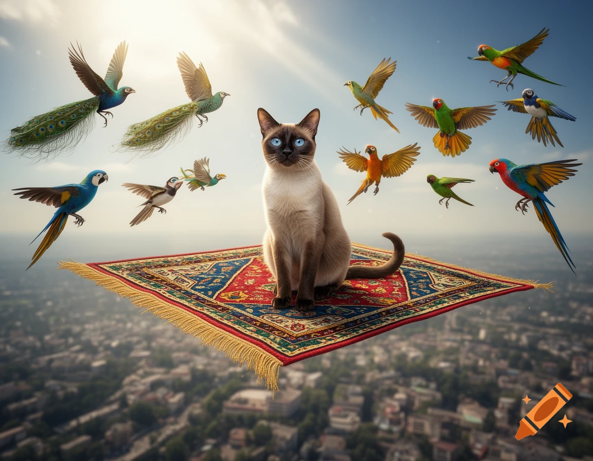 A photorealistic Siamese cat sitting on a flying magic carpet, surrounded by colorful birds, high above a city.