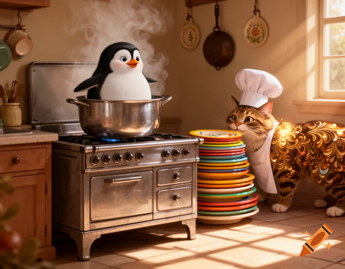 A cartoon penguin sits in a pot on a stove. A chef cat with a hat and apron stands by colorful plates in a sunny kitchen.