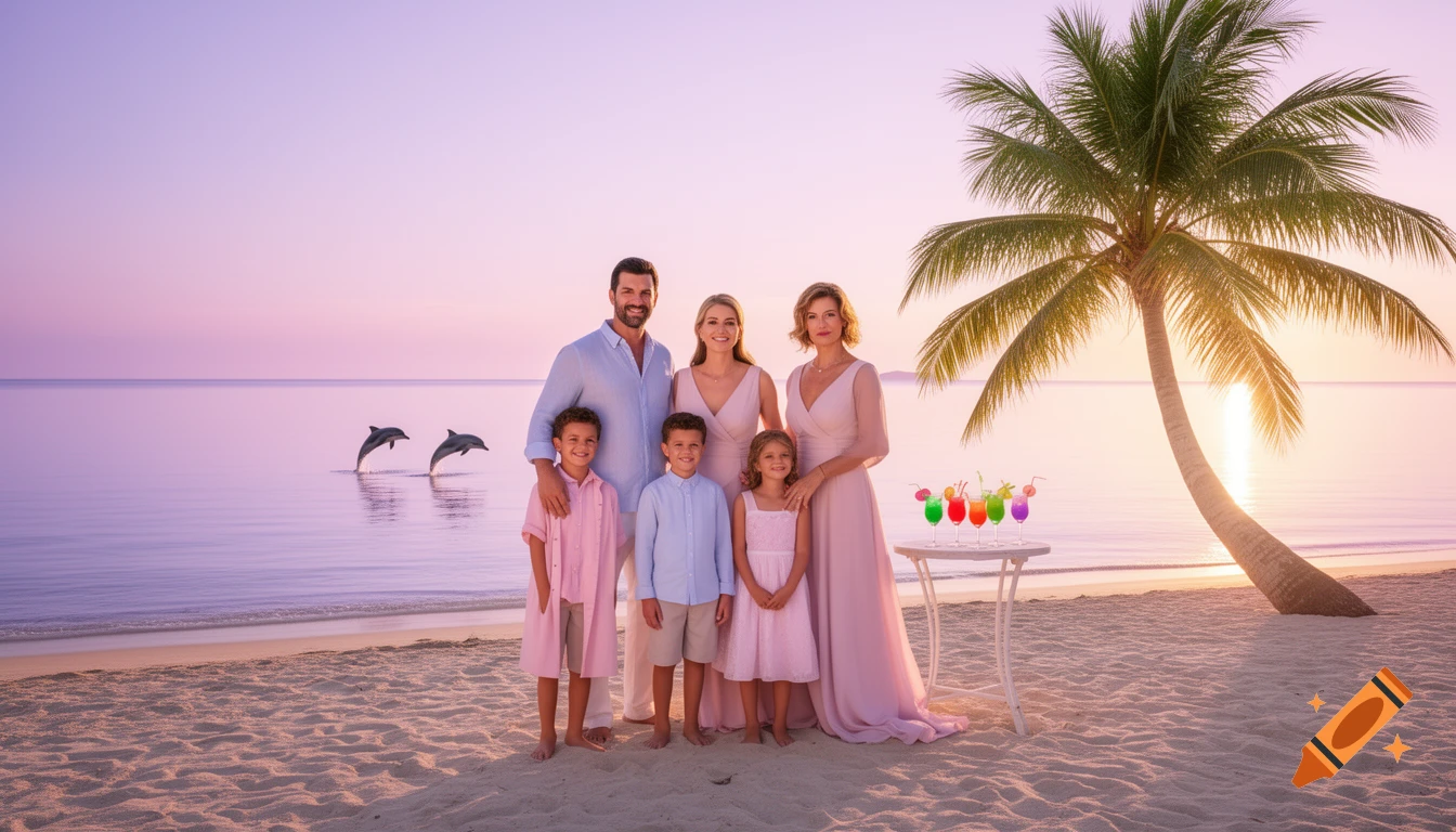 A family of five, with two parents and three children, stands on a sandy beach at sunset, with two dolphins jumping in the pink and purple ocean, and cocktails on a table. Photorealistic.
