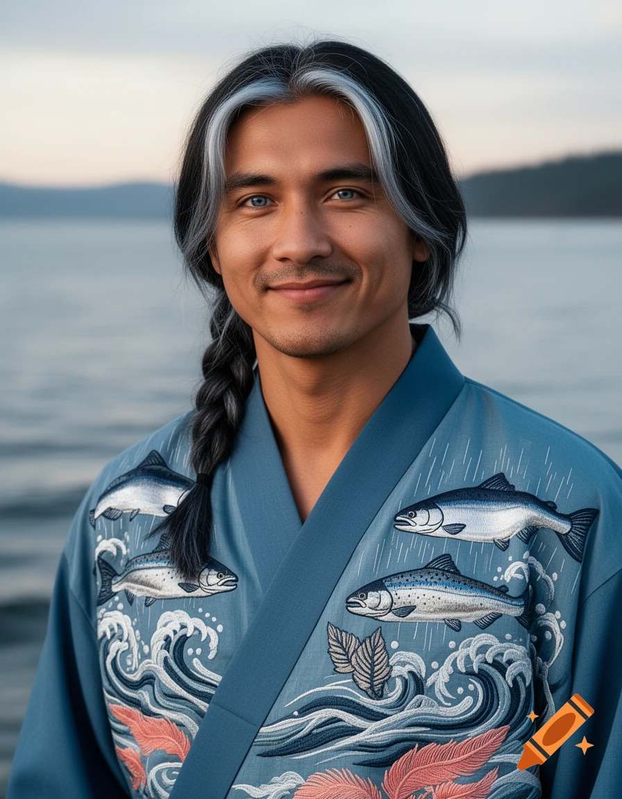 A man with braided silver-streaked hair and blue eyes smiles, wearing a blue kimono with embroidered fish and waves, by a lake.