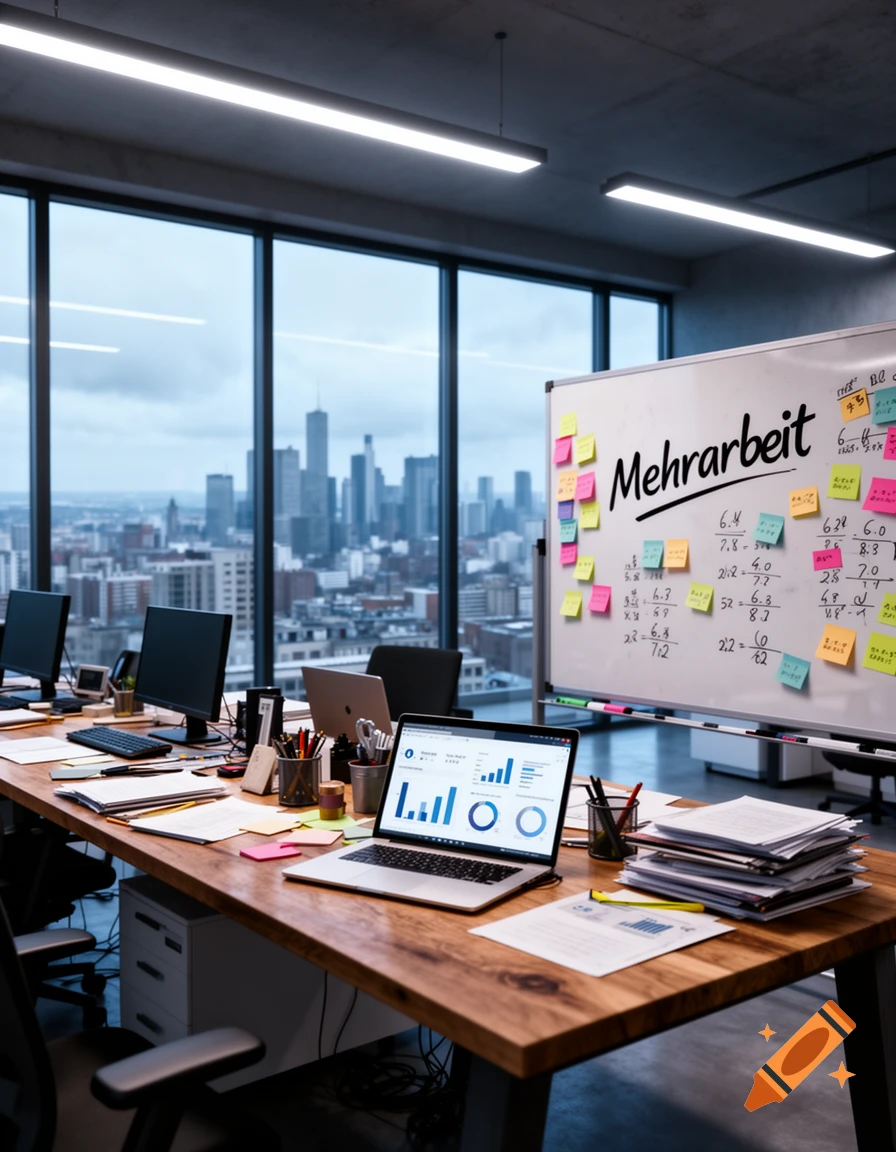 A modern office workspace with wooden desks, laptops displaying charts, and a whiteboard with 'Mehrarbeit' and sticky notes, overlooking a city skyline through large windows, photorealistic.