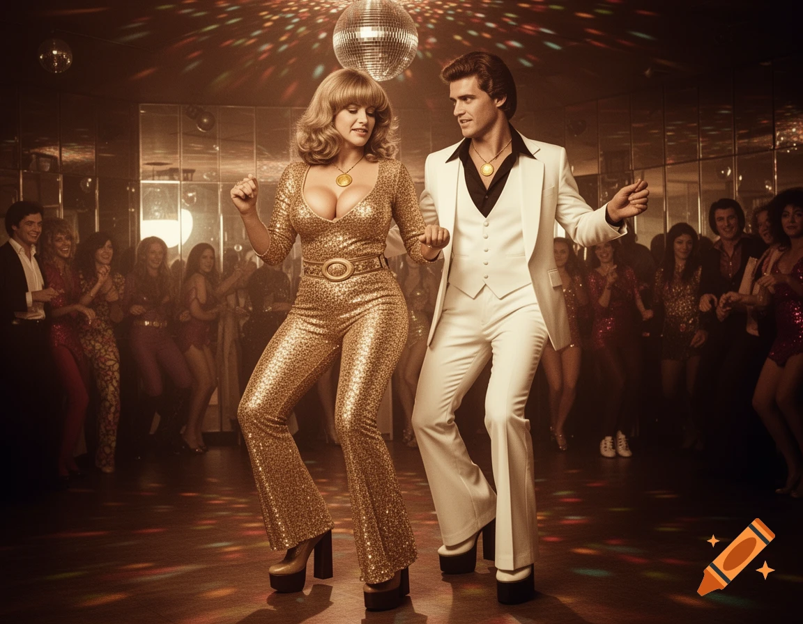 A man and woman dancing in a 70s disco club, the woman in a gold sequin jumpsuit and the man in a white leisure suit.